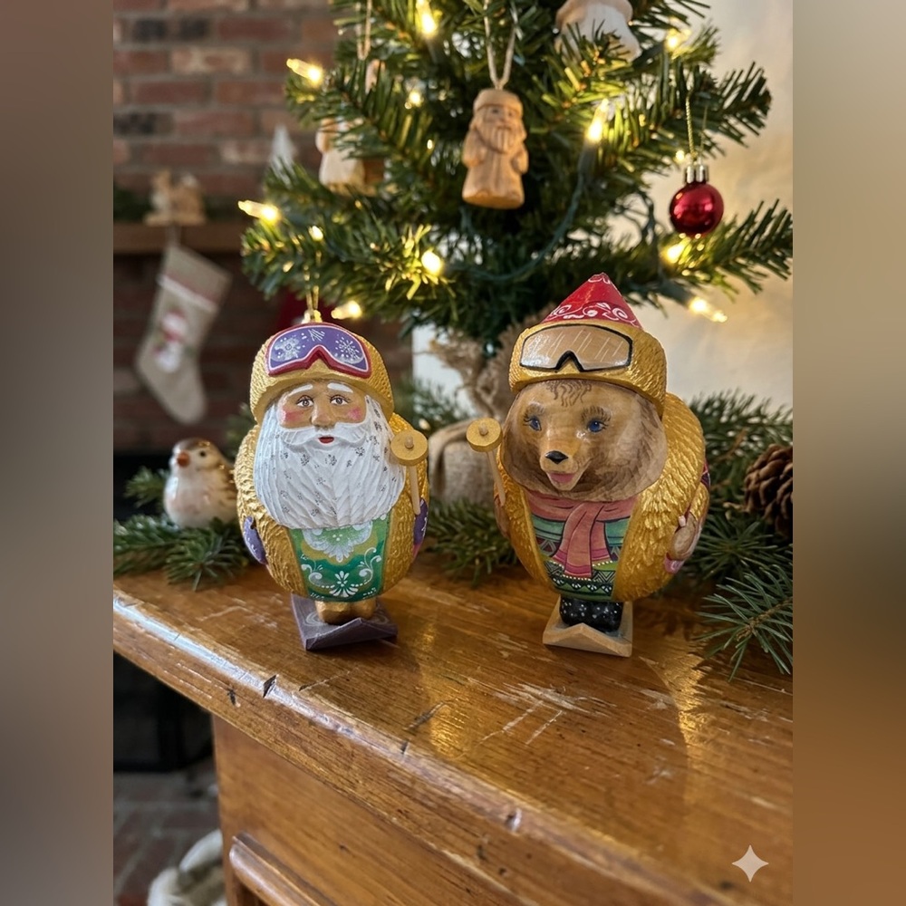 Vintage Russian Hand-Carved Wooden Skiing Santa & Bear Folk Art Set
